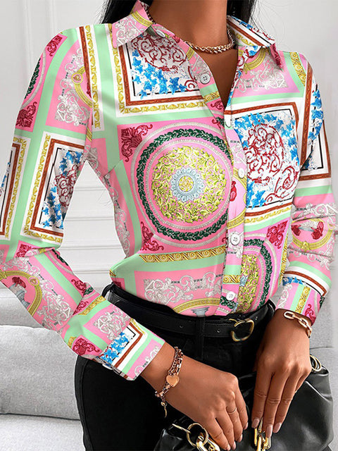 Floral/Geometric/Baroque Printed Office Lapel Long Sleeve Button Blouses