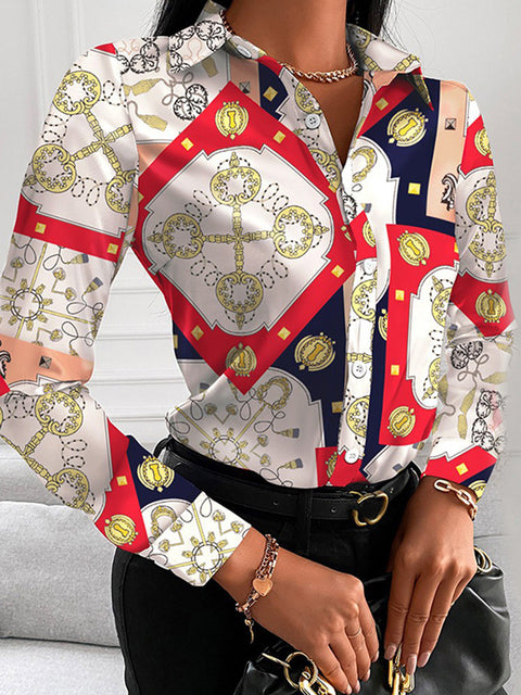 Floral/Geometric/Baroque Printed Office Lapel Long Sleeve Button Blouses