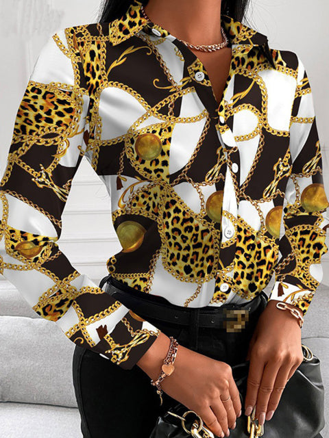 Floral/Geometric/Baroque Printed Office Lapel Long Sleeve Button Blouses