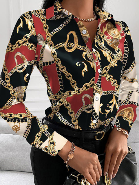 Floral/Geometric/Baroque Printed Office Lapel Long Sleeve Button Blouses