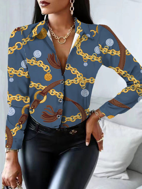 Floral/Geometric/Baroque Printed Office Lapel Long Sleeve Button Blouses