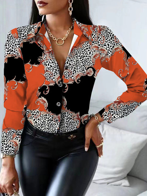 Floral/Geometric/Baroque Printed Office Lapel Long Sleeve Button Blouses