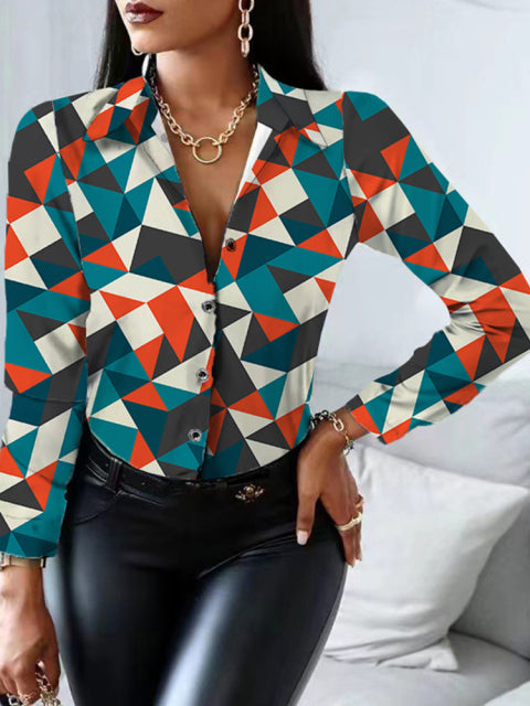 Floral/Geometric/Baroque Printed Office Lapel Long Sleeve Button Blouses