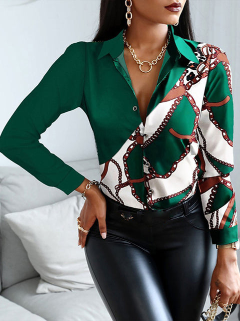 Floral/Geometric/Baroque Printed Office Lapel Long Sleeve Button Blouses