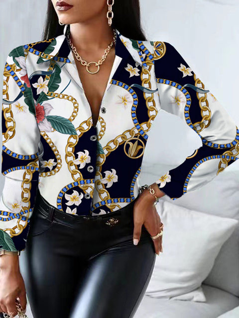 Floral/Geometric/Baroque Printed Office Lapel Long Sleeve Button Blouses