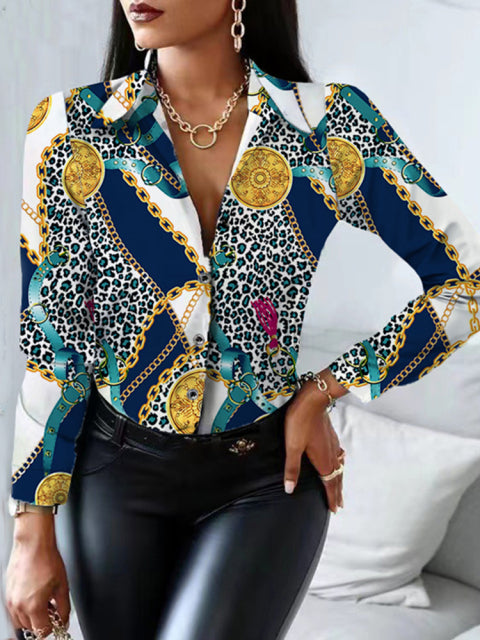 Floral/Geometric/Baroque Printed Office Lapel Long Sleeve Button Blouses