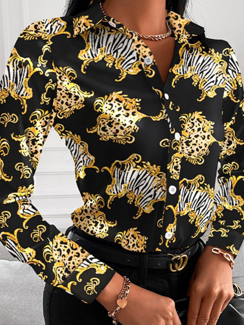 Floral/Geometric/Baroque Printed Office Lapel Long Sleeve Button Blouses