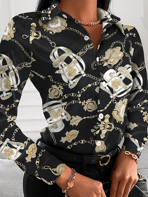 Floral/Geometric/Baroque Printed Office Lapel Long Sleeve Button Blouses