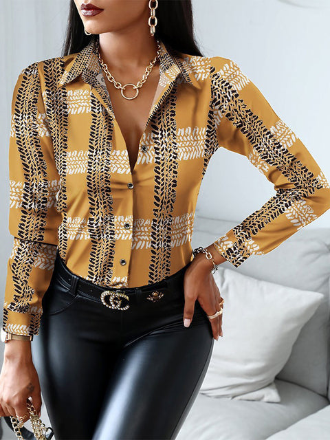 Floral/Geometric/Baroque Printed Office Lapel Long Sleeve Button Blouses