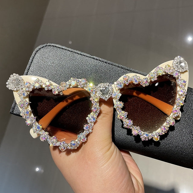 Retro Cat-Eye Crystal Rhinestone Heart Diamond Ladies Sunglasses