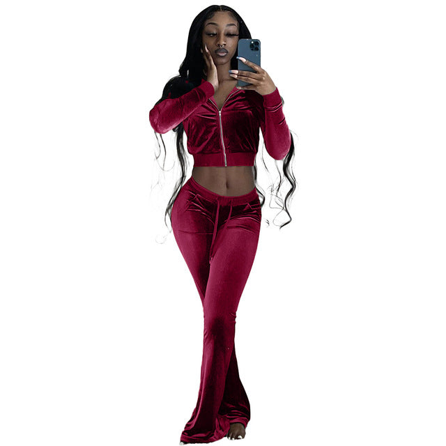 Solid Cropped Velvet Women's Hoodie Sweatjacket + Flared Sweatpants Women's Tracksuit