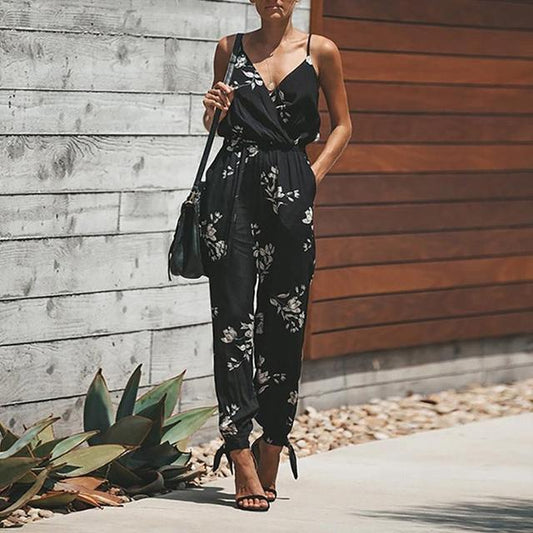 Bohemian Floral/Solid Print Sleeveless V-Neck Wide Leg Spaghetti Strap Plus Size Jumpsuit to 5X