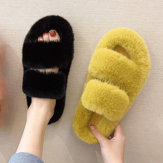 Furry Thick Indoor Double Strap Women's Slippers