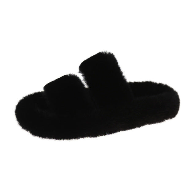 Furry Thick Indoor Double Strap Women's Slippers