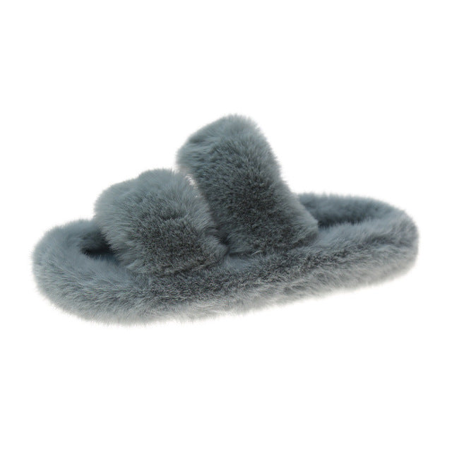 Furry Thick Indoor Double Strap Women's Slippers