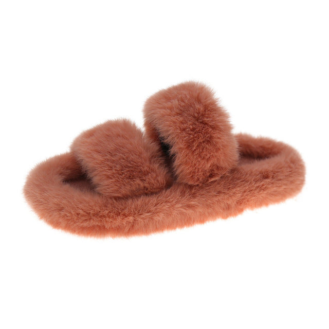 Furry Thick Indoor Double Strap Women's Slippers