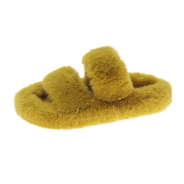 Furry Thick Indoor Double Strap Women's Slippers