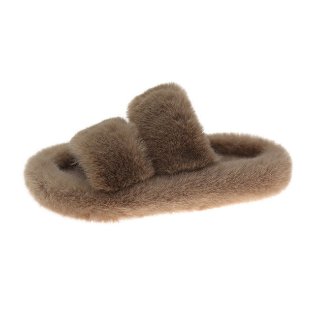 Furry Thick Indoor Double Strap Women's Slippers