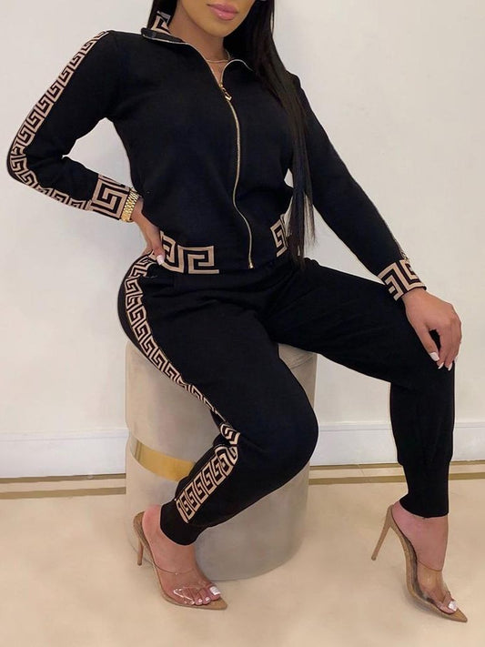 Geometric Print Zipper Jacket Women's Tracksuit