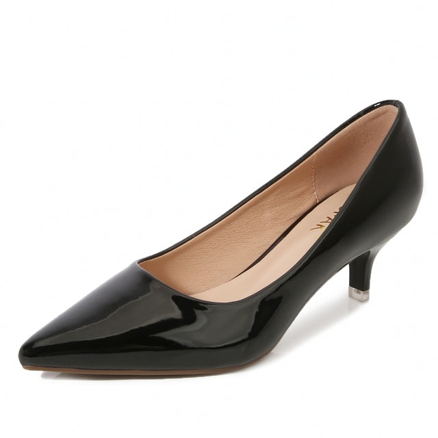 Solid Color Shallow Patent Leather Pointed Toe Low Heel Pumps