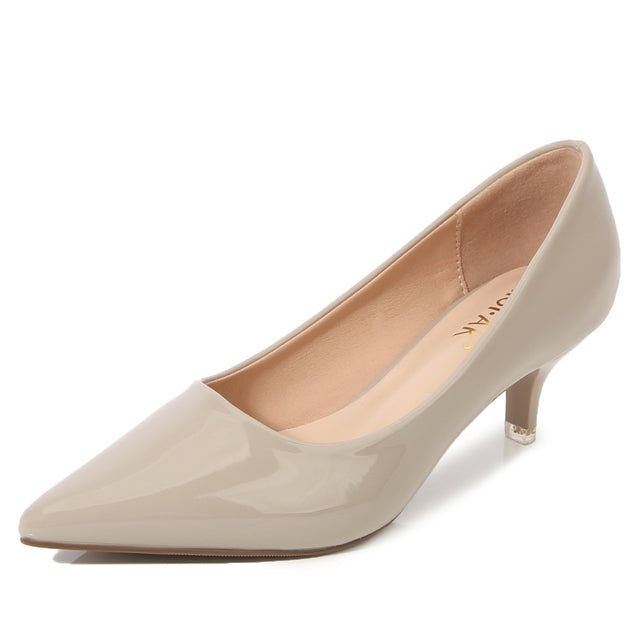 Solid Color Shallow Patent Leather Pointed Toe Low Heel Pumps