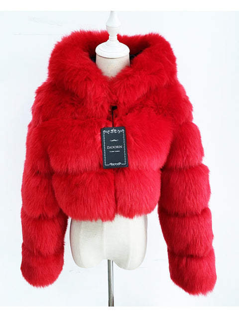 Hooded Ladies Faux Fur Cropped Jacket