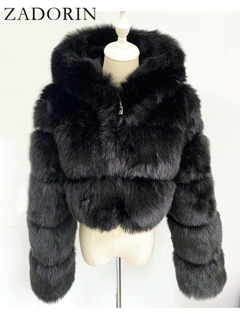 Hooded Ladies Faux Fur Cropped Jacket