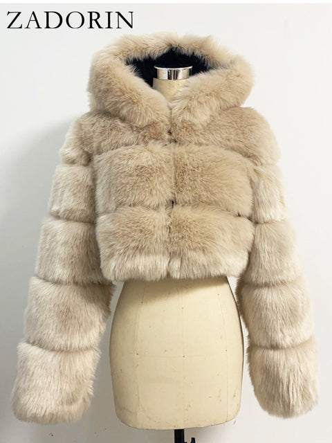 Hooded Ladies Faux Fur Cropped Jacket