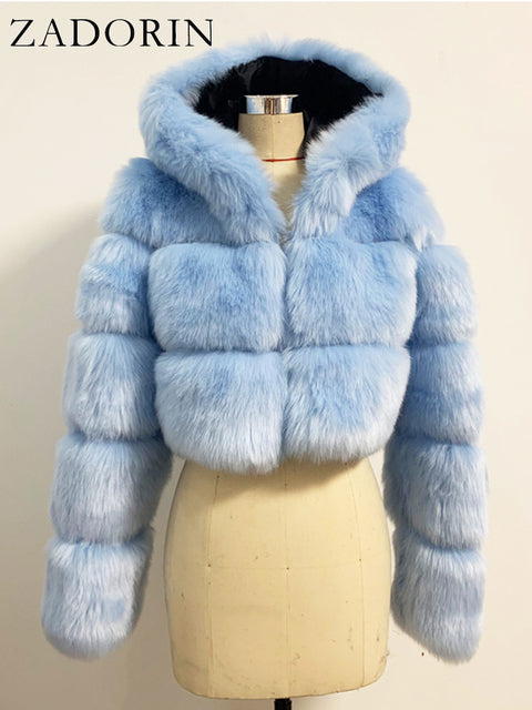 Hooded Ladies Faux Fur Cropped Jacket