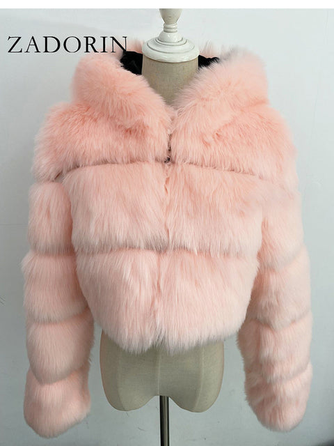 Hooded Ladies Faux Fur Cropped Jacket