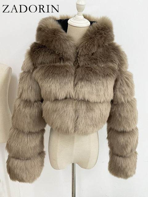 Hooded Ladies Faux Fur Cropped Jacket