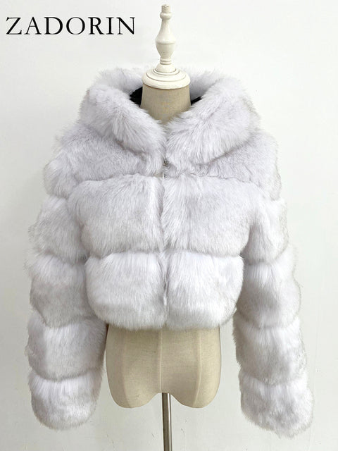 Hooded Ladies Faux Fur Cropped Jacket