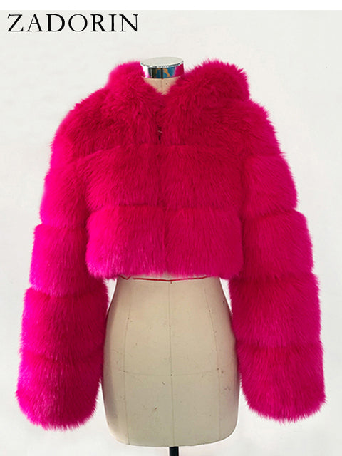 Hooded Ladies Faux Fur Cropped Jacket