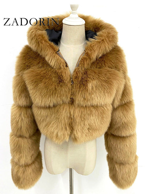 Hooded Ladies Faux Fur Cropped Jacket